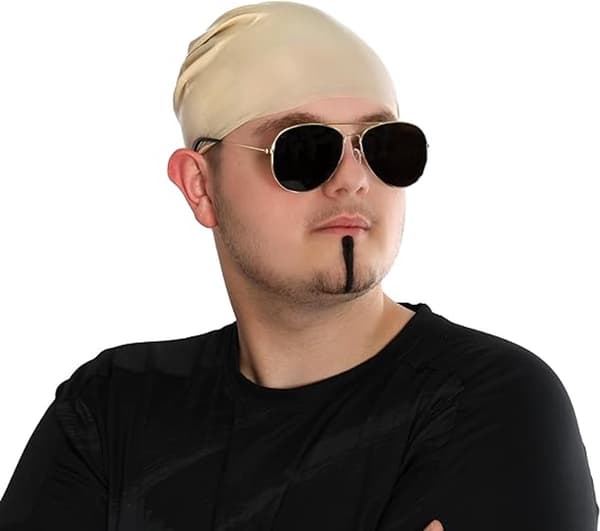 Bald Cap - Latex Bald Wig Cap - 3 Pieces - Bald Pitbull - Includes Fake Beard and Sunglasses - Light Brown-FS-