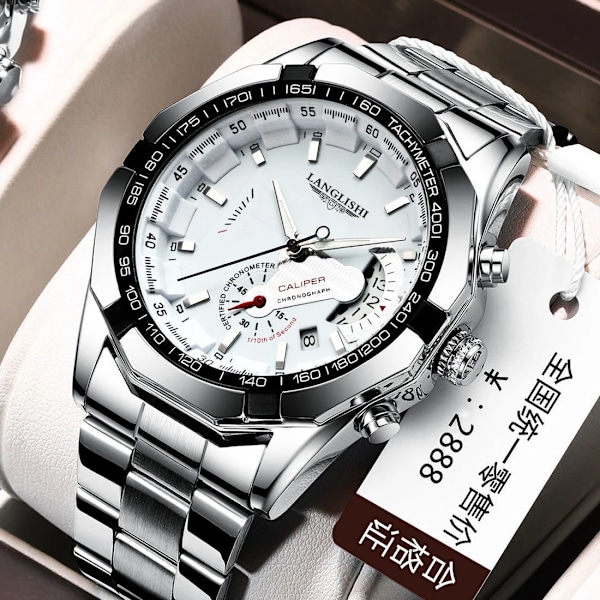 LANGLISHI Automatisk klokke Toppmerke Luksusimportert urverk Vanntett Lysende Mekanisk armbåndsur-FS1- White Silver