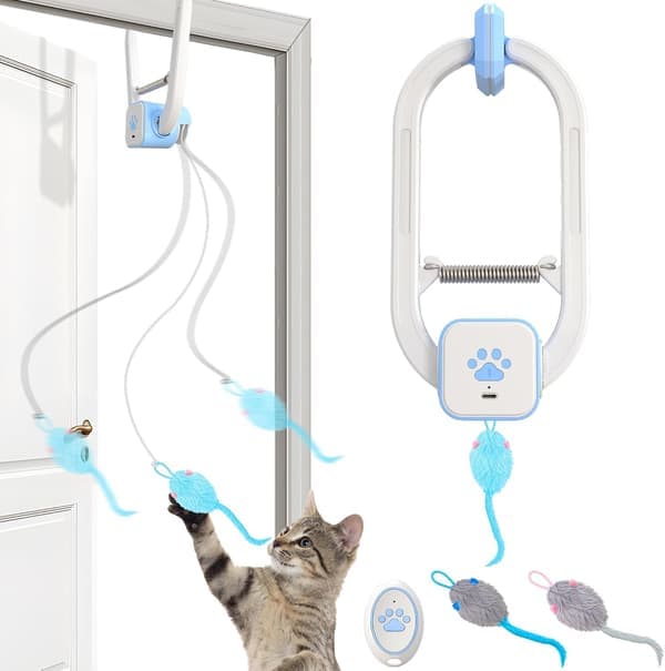 Upgraded Smart Interactive Cat Toy with Remote Control - Automatic Retractable Feather Toy with 3 Plush Mice & USB Charging
