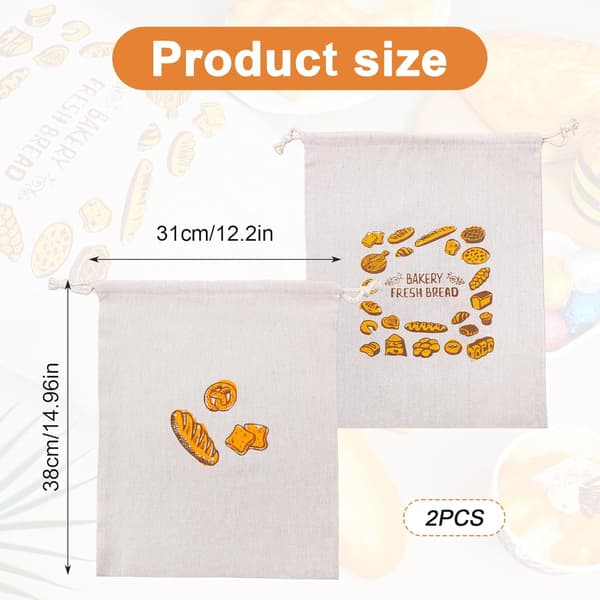 2-pack brödpåsar för hembakat bröd, 38cm x 31cm återanvändbara brödpåsar med foder och dragskostängning för förvaring av surdegsbröd