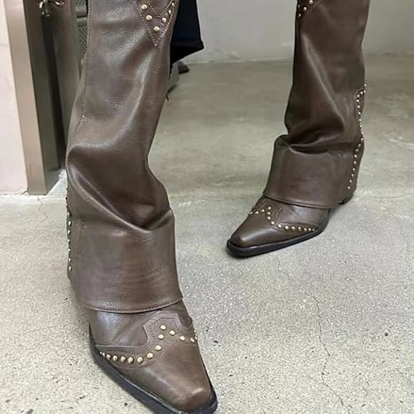 【Tricor butik】 Kvinners brune spissede tå-sko med hæl, spikerbesatte vestlige cowboystøvler, bronse bronze 36