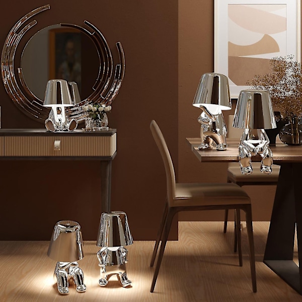 Liten Gyllene Man LED Bordlampa Touchkontroll Dimbar Lampa Bar Nattlampa Silver