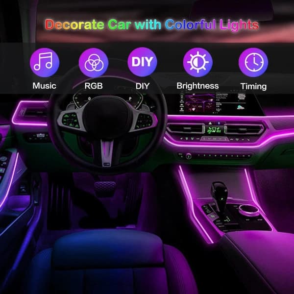 Interior LED Strip Light for Car with Wireless APP and Remote Control, RGB 5 in 1 Ambient Lighting Kit with 236 inch Fiber Optic-FS-