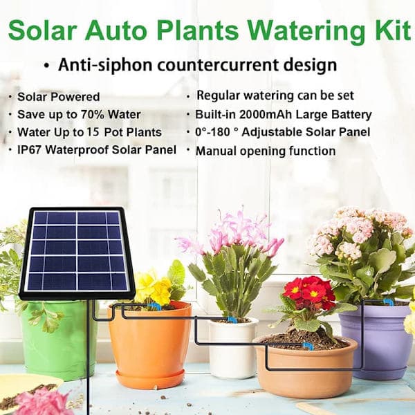 Solar-powered irrigation with timer - Automatic drip irrigation 15m with siphon stop for garden, greenhouse and vegetables