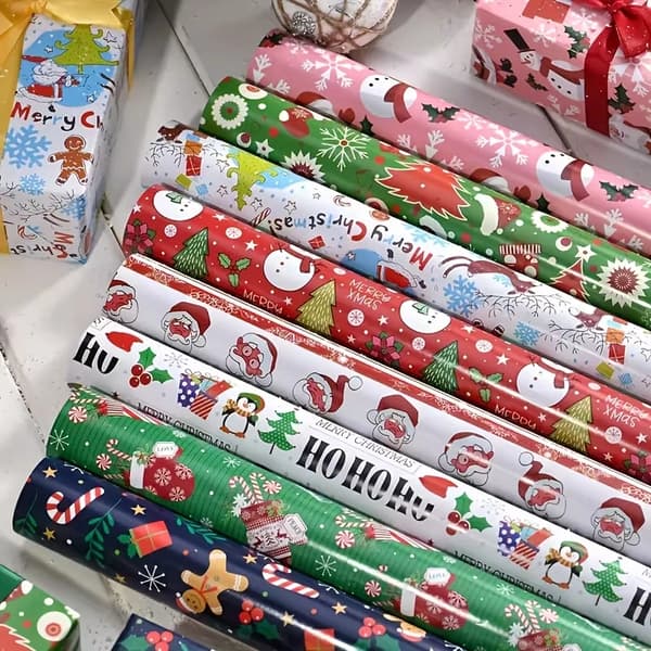 Julklappspapper Set med Jultomte-, Julgrans- och Renmönster för Julklappar Mixed