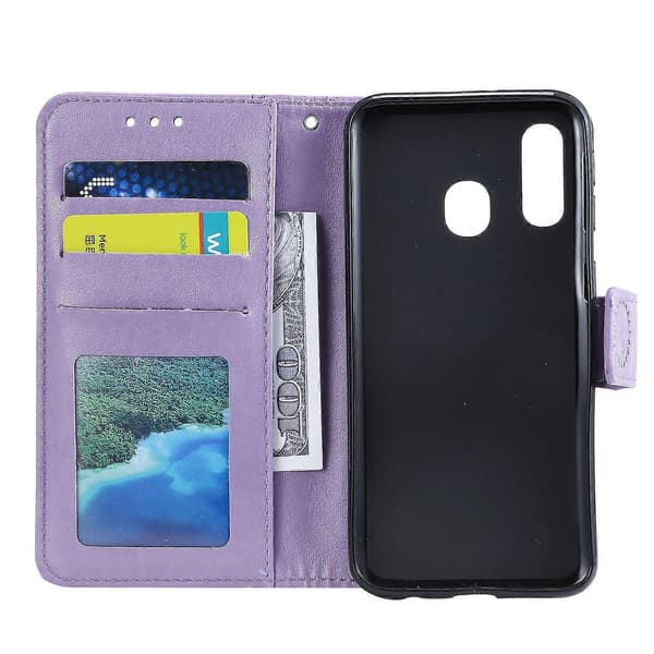 Embossed Mandala Flower Stand Wallet Leather Case for Samsung Galaxy A40 Purple