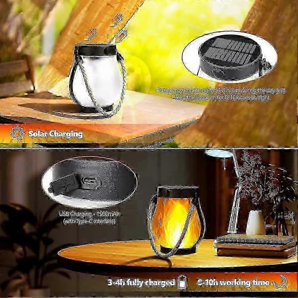 Solar Lanterns Flickering Flame Garden Lights with Dual Charging USB Solar Outdoor Waterproof Hanging