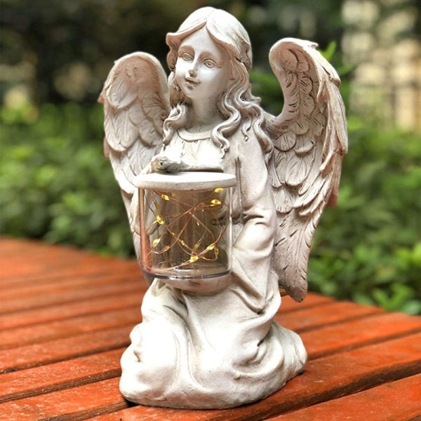 Mindegård Statue med Solar LED-lys Knælende Engel Figur Harpiks Udendørs Ornament 11*13*8cm A