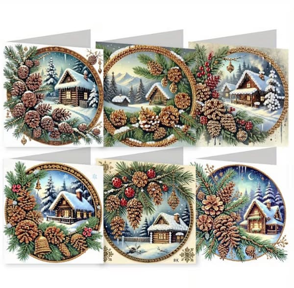 Diamantmålning julkort 6 st kotte 15x15cm, med kuvert komplett pysselset
