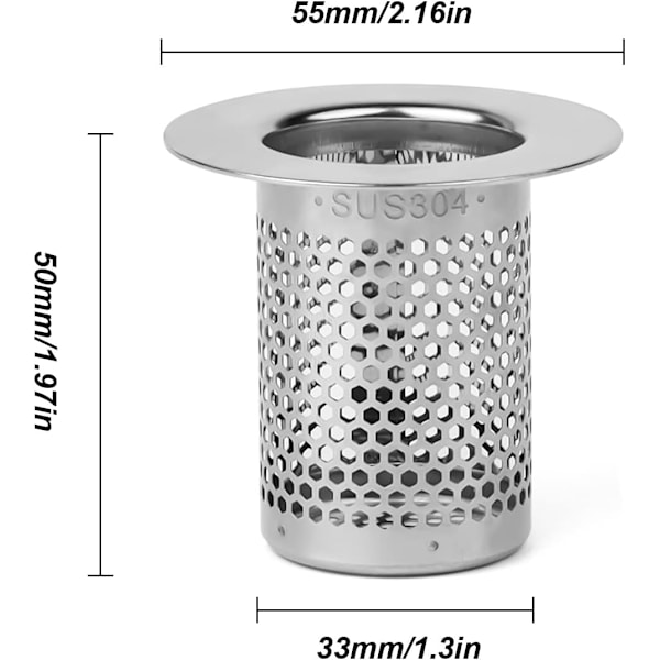 Badekaravløpsfilter, 5 cm rustfritt stål dusjhårfilter -