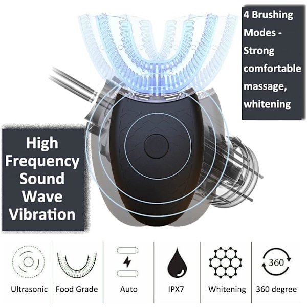 U-muotoinen ultraääninen sähköhammasharja aikuisille, 360° automaattinen hammasharja