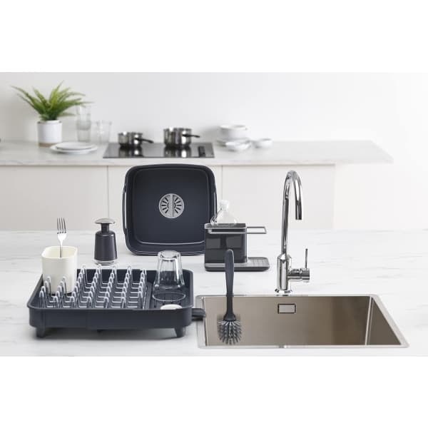 Sink storage/organizer with integrated drain, holder for sponge, brush, dish soap and dishcloth, removable, standard size, grey-FS-