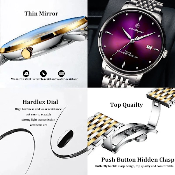 POEDAGAR Ultratynn Herre Quartz Armbåndsur Vanntett Luksusmerke Lysende Klokke Mann Rustfritt Stål Casual Gaver-FS1- purple