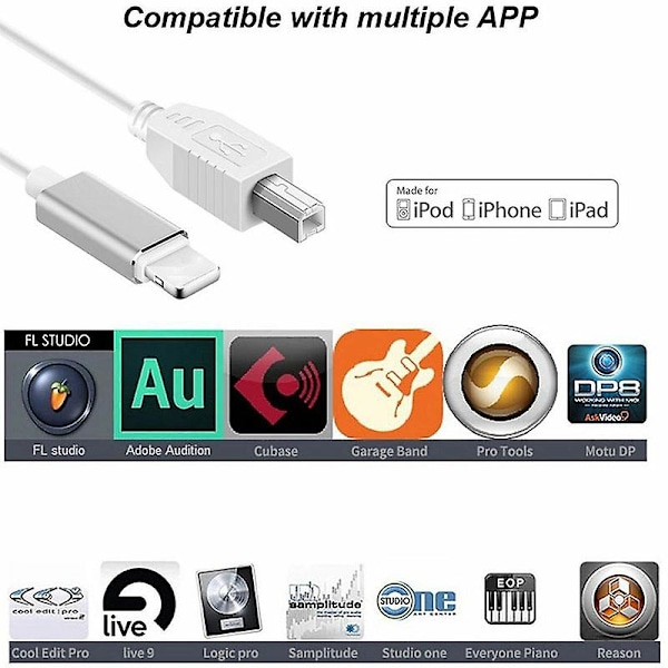 Salamanter-liitäntä Type-B MIDI-näppäimistömuuntimeen USB 2.0-kaapeli iPhone 7 8 X iPadille