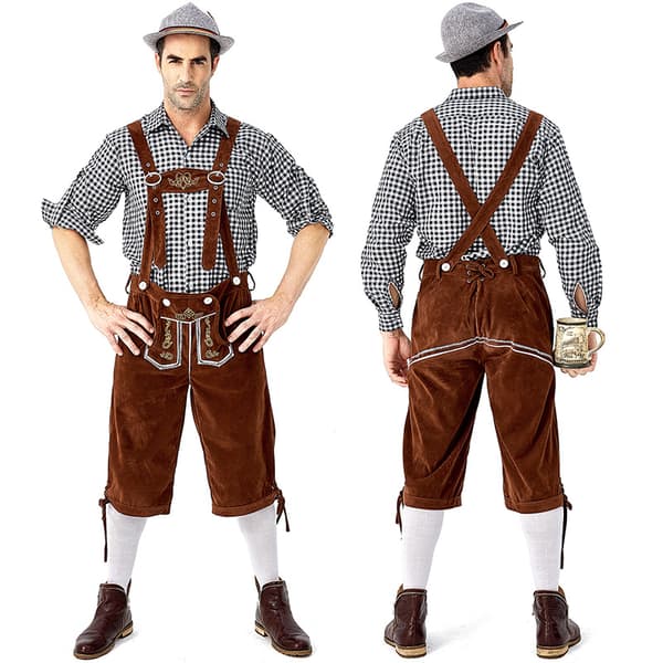 Tysk Oktoberfest Kostume Mænd | Ternede Skjorte med Broderede Seler & Hat*Grå hat*M Grå hat Grå hat
