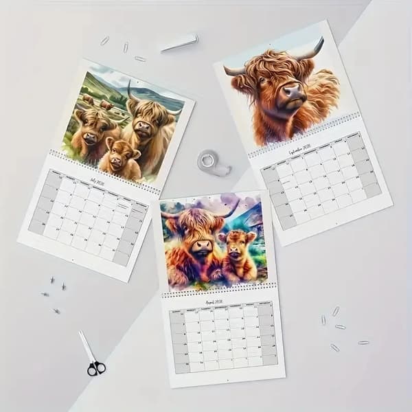 2026 Highland Cow Veggkalender - Måneds- og Årsplanlegger 1