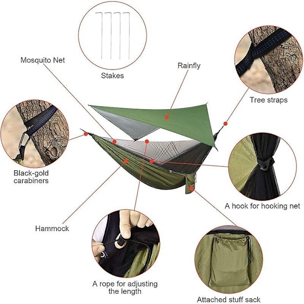 Hængekøje med myggenet og presenning og stropper 200 kg belastningskapacitet 290 X 140 cm Let åndbar nylon dobbelt hængekøje - Perfet-Xin