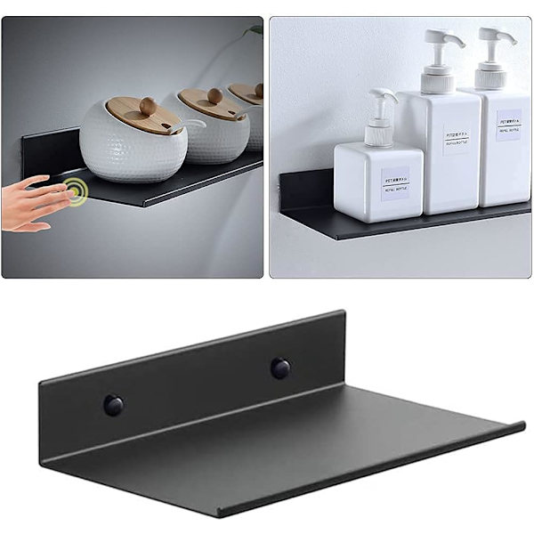 Floating Metal Wall Shelf, 2-Pack 20cm Black with Mounting Hardware-FS-