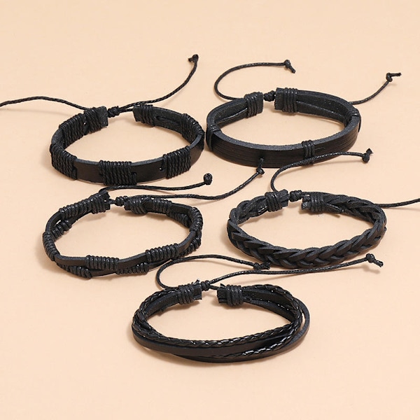 5-pak Håndlavede Læderarmbånd Herrearmbånd-FS1- Svart Sort