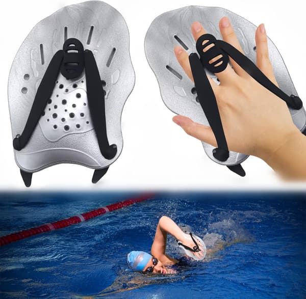 1 Pair Swimming Hand Paddles Swim Paddles with Adjustable Straps Strength Training Aids Pool Training Equipment Accessories Silver grey