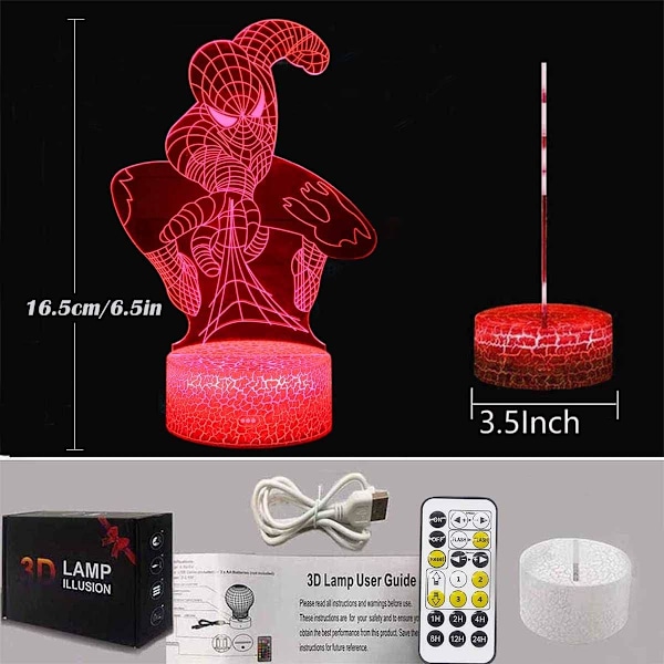 WJ 3D Illusion LED-lampe Superhelt 3D Nattlampe til børn 16 farveskiftende Touch og fjernbetjening Dekorationslampe til drenge Piger Julegaver Spiderman