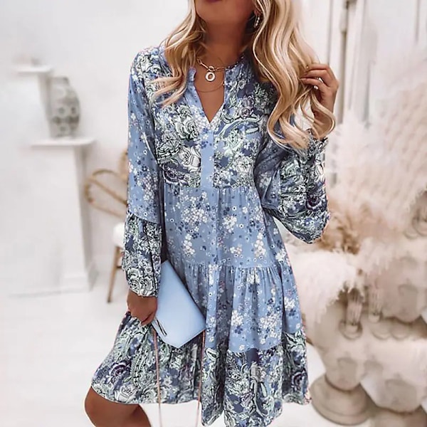 Kvinner sommer langermet kjoler Blomstertrykk strand Minikjole Lyseblå-FS2- Light Blue 4XL