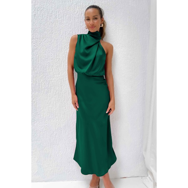 Högkvalitativ satinklänning utan ärmar, fashionabel elegant aftonklänning för kändisar, mörkgrön M-X41- dark  green m