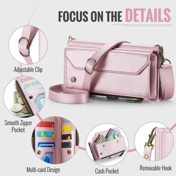 Samsung Galaxy S26 5G Case with Card Slot, Zipper Wallet, RFID Protective Leather Rosa