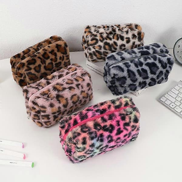 【BQ】Multifunctional Pencil Case with Neon Leopard Pattern - Rainbow Organizer for School, Travel, Cosmetics, and Keys