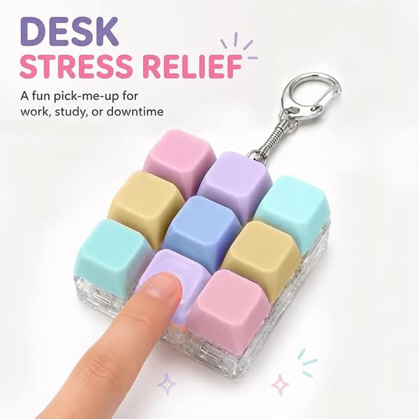 LED Keyboard Fidget Keychain 9 Buttons Anti-Stress Toy Sensory Click Keychain for Study Office and Relaxation