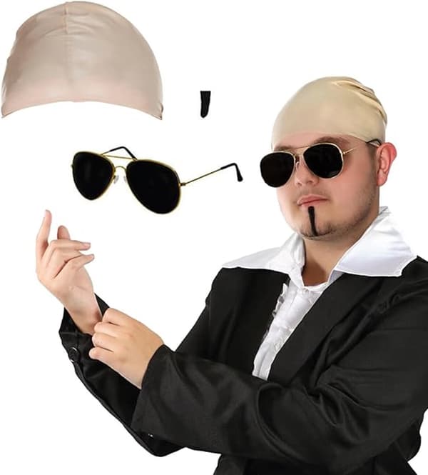 Bald Cap - Latex Bald Wig Cap - 3 Pieces - Bald Pitbull - Includes Fake Beard and Sunglasses - Light Brown-FS-