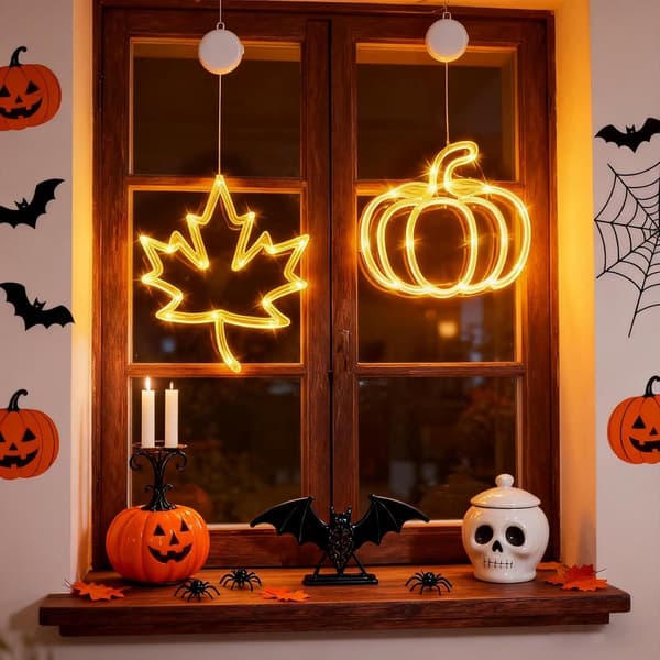 Efterårsvindueslys Halloween græskarpynt med sugekop, efterårslyskæde pakke med 2