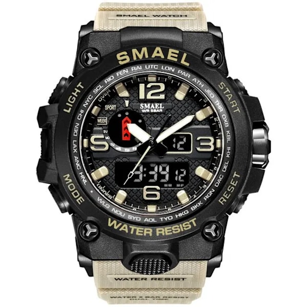 SMAEL Ny Klocka Herr 50M Vattentät Klocka Alarm Reloj Hombre 1545D Dubbel Display Armbandsur Quartz Militärklockor För Herr-FS1- Khaki