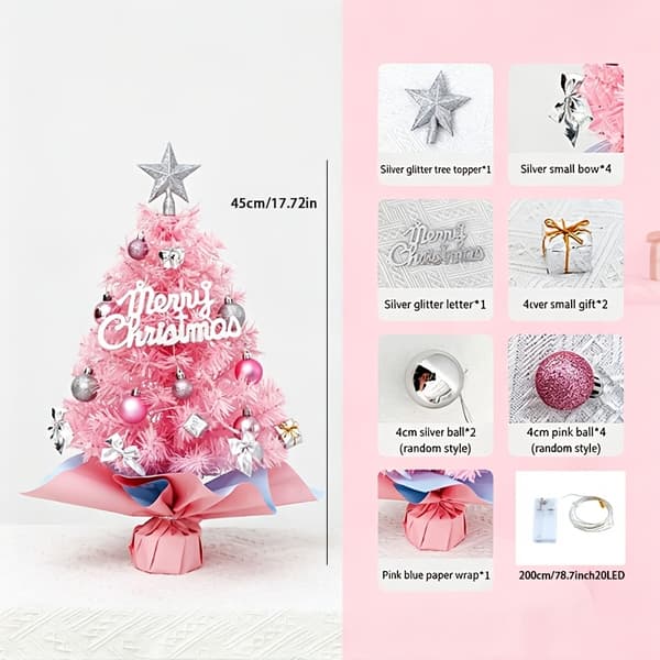 Kunstigt Mini Juletræ med LED-lys og Topstjerne til Skrivebords Julepynt Pink Tree + LED