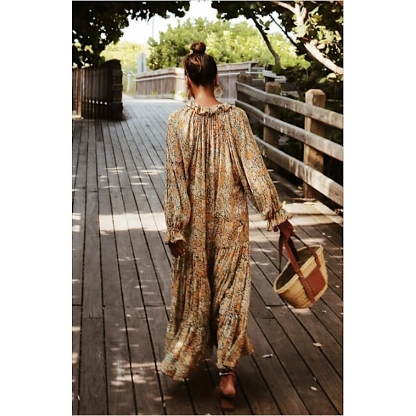 Dame Casual Swing Kjole Lang Kjole Maxikjole Boho Kjole Khaki-FS3- Khaki M