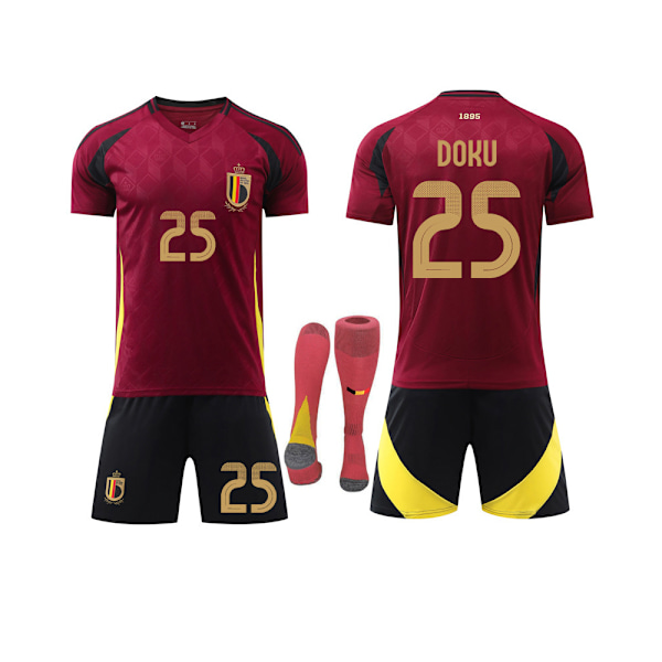 2425 sæson Belgien hjemme rød nr. 25 Doku fodboldtema trøjesæt voksne børn størrelse nr. 25 Doku No. 25 Doku 16（90-100CM)