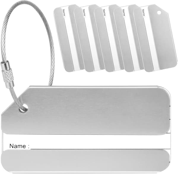 Bagasjemerke, 6 x Koffertmerke i aluminiumslegering med rustfrie ståltråder (sølv)
