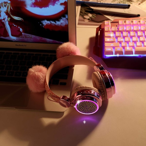 Trådlösa, LED-belysta färgskiftande Bluetooth-hörlurar för flickor med M-FS3- Pink