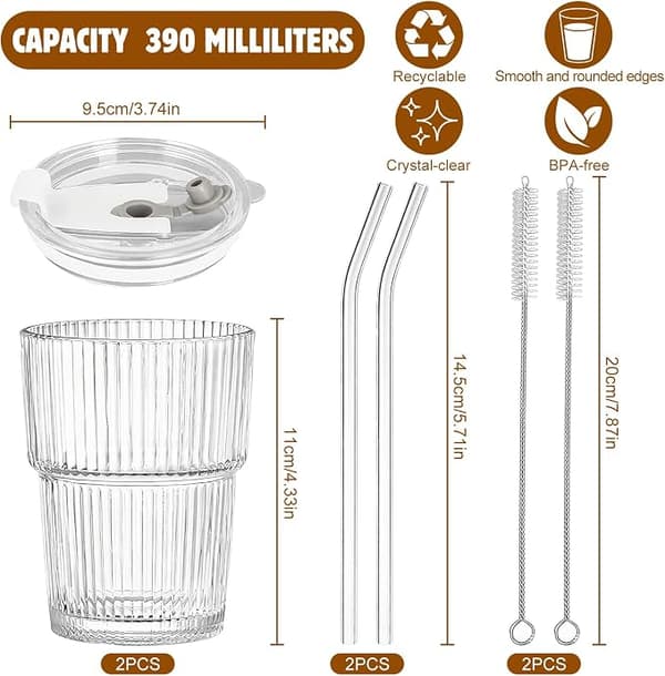 2 delar 400 ml räfflade glasburkar med lock och sugrör, iskaffeglas, smoothieglas, lufttät och vattentät design