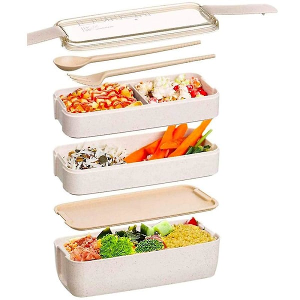 Japansk stil Bento Box, 3 i 1 rum, hvedehalm, miljøvenlig Bento Box måltidsboks
