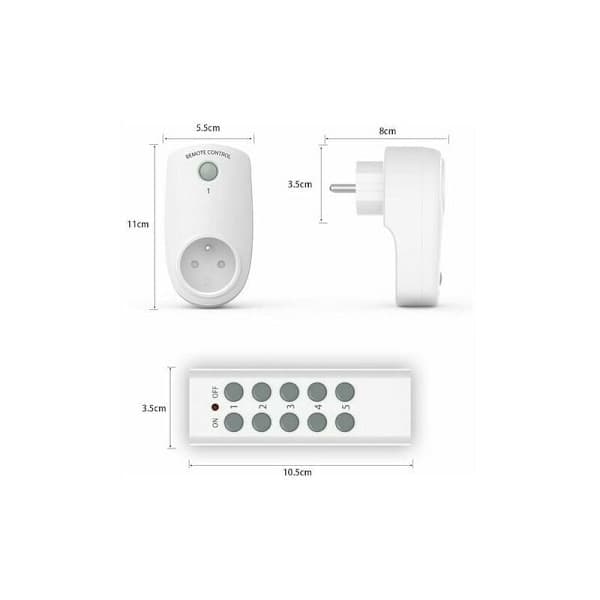 Set of 5 programmable power outlets, wireless remote control outlet with 2 remote controls, 2 batteries included, 30 m control distance in open A-FS-