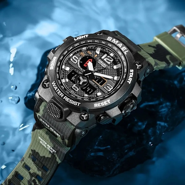 SMAEL Nyt Herreur 50M Vandtæt Ur Alarm Reloj Hombre 1545D Dual Display Armbåndsur Quartz Militærure Til Herrer-FS1- CamoArmyGreen