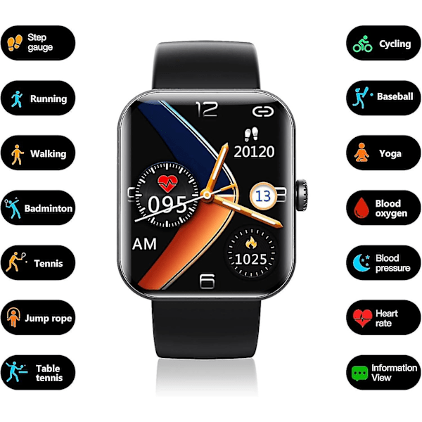 F57l Smartklokke for blodsukkerovervåking, Fitness Tracker med blodtrykksmåler Smart Watch for menn kvinner  Svart