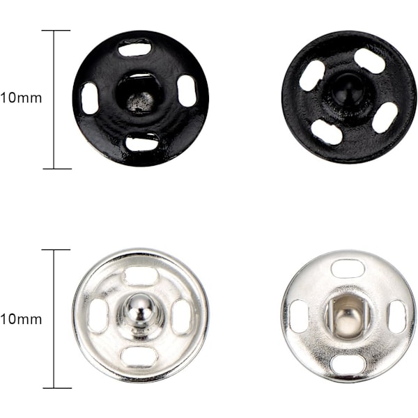 48 sæt sy-på trykknapper i metal trykknapper trykknapper til syning tøj, sort og sølvfarvet, 10 mm