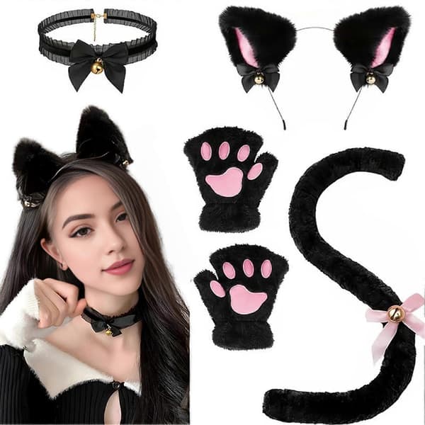 4 st/set Cat Costume Cosplay Accessories Set Plush Material Cat Ears Headband Bell Collar Claw Paws Tail Set Whit