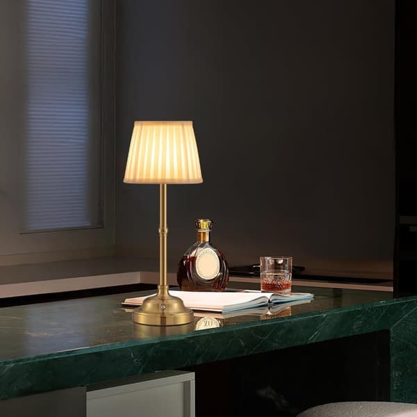 Wireless Lamp with Fabric Table Shade - Rechargeable 2000 mAh, Dimmable with 3 Light Modes, for Dining Room, Bedside Table, Bar, Night Light, Camping Guld