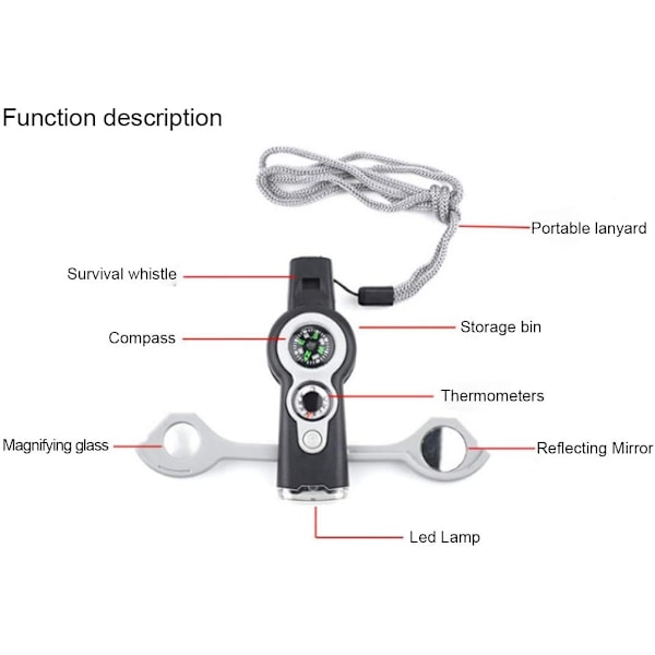 Utomhus multifunktionell 7-i-1 visselpipa med LED-ljustermometerkompass
