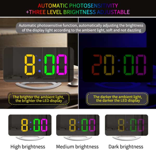 Digital vekkerklokke med speiloverflate, 3 lysstyrker, RGB-farger -FS-