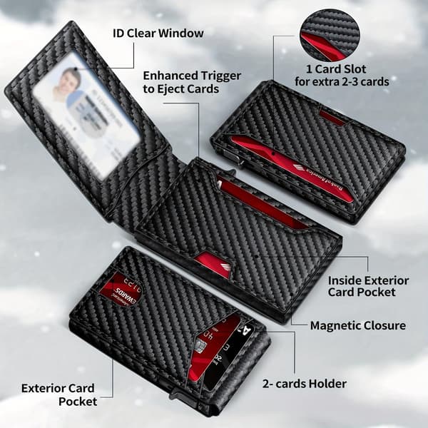 Men's Wallet in Light Brown Carbon Fiber Texture, RFID Blocking Pop-Up Card Holder, Slim Foldable Compact Wallet with Magnetic Closure light brown