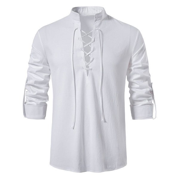 Piratbluse med snøring for menn, langermet ståkrage T-skjorte white-FS1- white XL